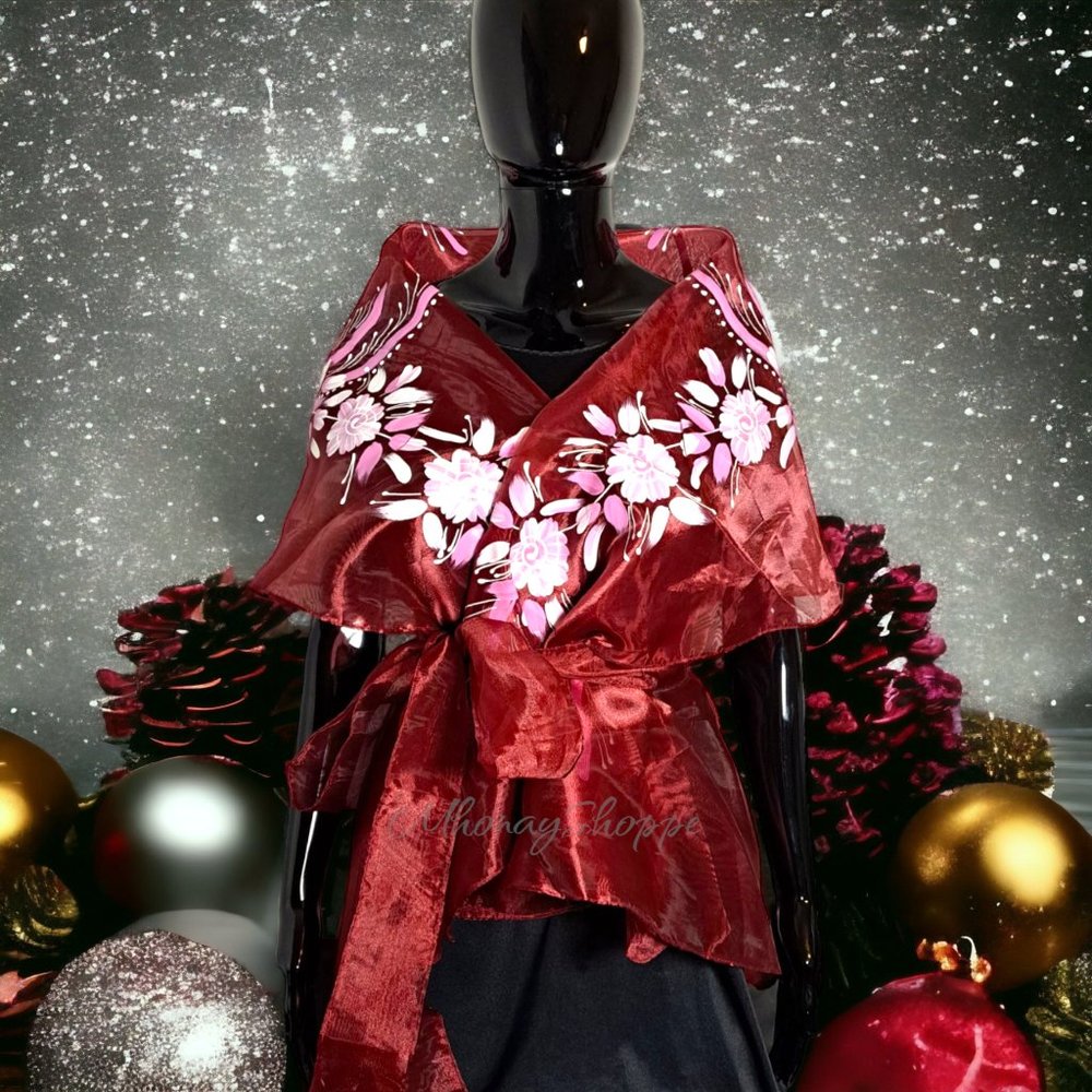 Maroon-Modern Filipiniana Handpainted Wrap Around Alampay